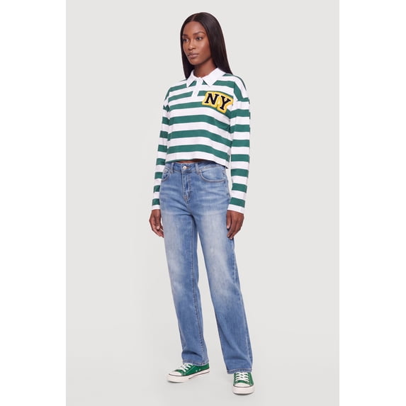 Women's Striped NY Patch Long Sleeve Crop Polo Top