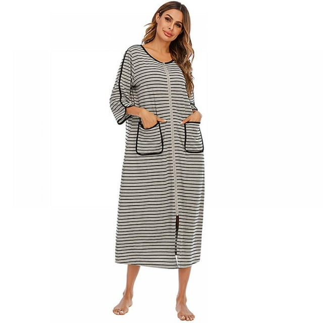 Women's Striped Nightgown Long Loungewear Nightshirt Sleepwear with ...