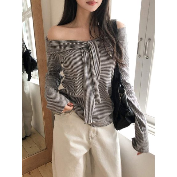 Women's Striped Off-Shoulder Top, Tie Front Bowknot Long Sleeve Blouse, Slim Fit Fitted Shirt, Coquette French Style Going Out Wear