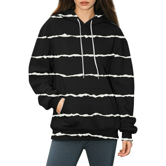 Women's Striped Oversized Hoodie with Drawstring Hood and Kangaroo Pocket, Long Sleeve Pullover Sweatshirt for Fall Winter Season, Casual Streetwear, Gym Workouts and Daily Comfort Wear Black XL