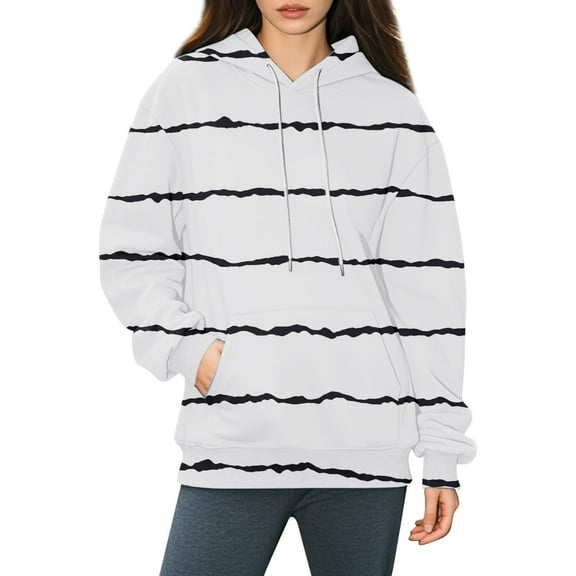 Women's Striped Oversized Hoodie with Drawstring Hood and Kangaroo Pocket, Long Sleeve Pullover Sweatshirt for Fall Winter Season, Casual Streetwear, Gym Workouts and Daily Comfort Wear White L