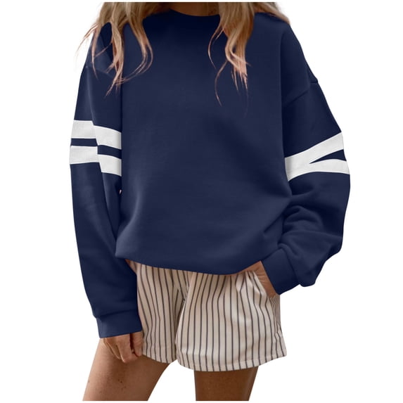 Women's Striped Oversized Pullover Casual Long Sleeve Crewneck Sweatshirt Top Drop Shoulder Loose Navy 2XL