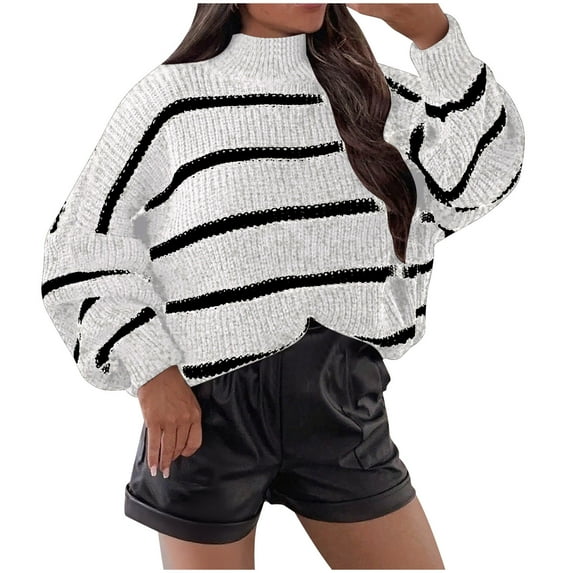Women's Striped Oversized Sweater Crew Neck Knit Casual Long Sleeve Pullover Top for Fall & Winter White L