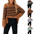 thumbnail image 1 of Women's Striped Oversized Sweater Crewneck Side Split Long Sleeve Pullover (Beige, L), 1 of 4