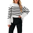 thumbnail image 1 of Women's Striped Oversized Sweater Crewneck Side Split Long Sleeve Pullover (White, M), 1 of 4