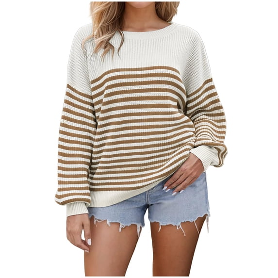 Women's Striped Oversized Sweater Long Sleeve Color Block Knitted Pullover Fall Comfy Loose Crew Neck Sweaters