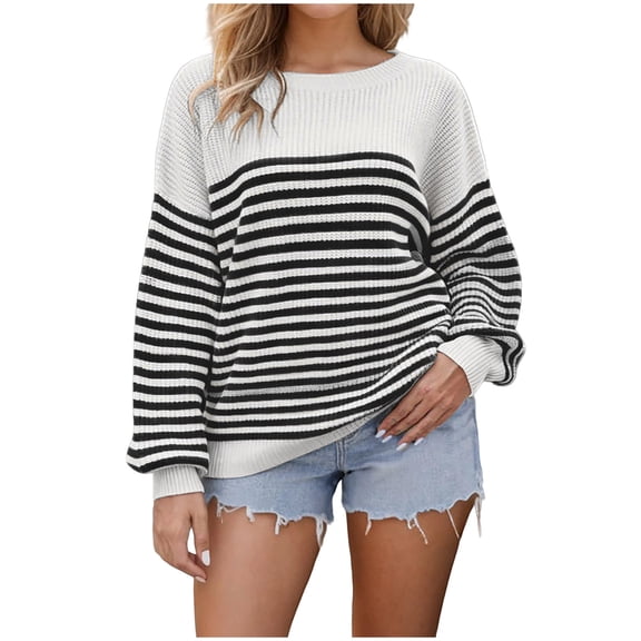 Women's Striped Oversized Sweaters Crewneck Long Sleeve Pullover Knit Top Casual Trendy Sweater