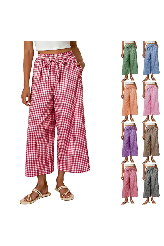 Women's Striped Pajama Wide Leg Capri Pants, Plaid Cute Cargo Bottoms With Pockets, Elastic Waist Comfy Lounge Capris, Soft Polycotton Sleepwear, Casual Loungewear, Summer