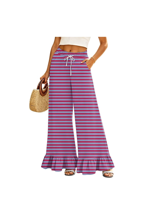 Women's Striped Palazzo Pants, Comfy Stretchy High Rise Long Trousers, Casual Chic Ruffled Fashion Bottom Pants for Summer Travel
