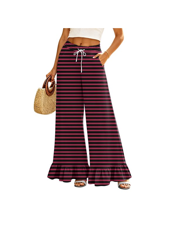 Women's Striped Palazzo Pants, Comfy Stretchy High Rise Long Trousers, Casual Chic Ruffled Fashion Bottom Pants for Summer Travel