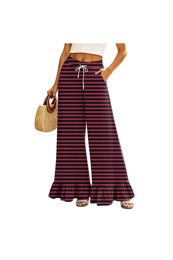 Women's Striped Palazzo Pants, Comfy Stretchy High Rise Long Trousers, Casual Chic Ruffled Fashion Bottom Pants for Summer Travel