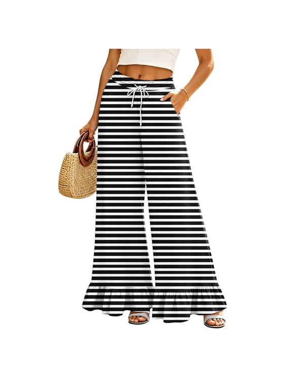 Women's Striped Palazzo Pants, Comfy Stretchy High Rise Long Trousers, Casual Chic Ruffled Fashion Bottom Pants for Summer Travel