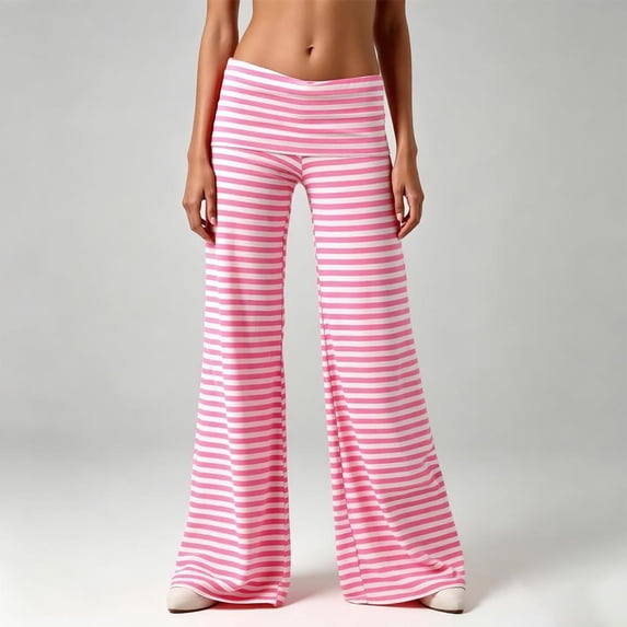 Women's Striped Pants Casual Fold Waist Wide Leg Pants Lightweight Comfy Stretchy Loose Lounge Y2K Workout Pants(Pink,L)