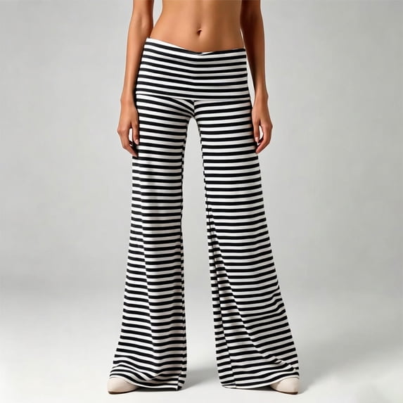 Women's Striped Pants Casual Fold Waist Wide Leg Pants Lightweight Comfy Stretchy Loose Lounge Y2K Workout Pants(White,S)