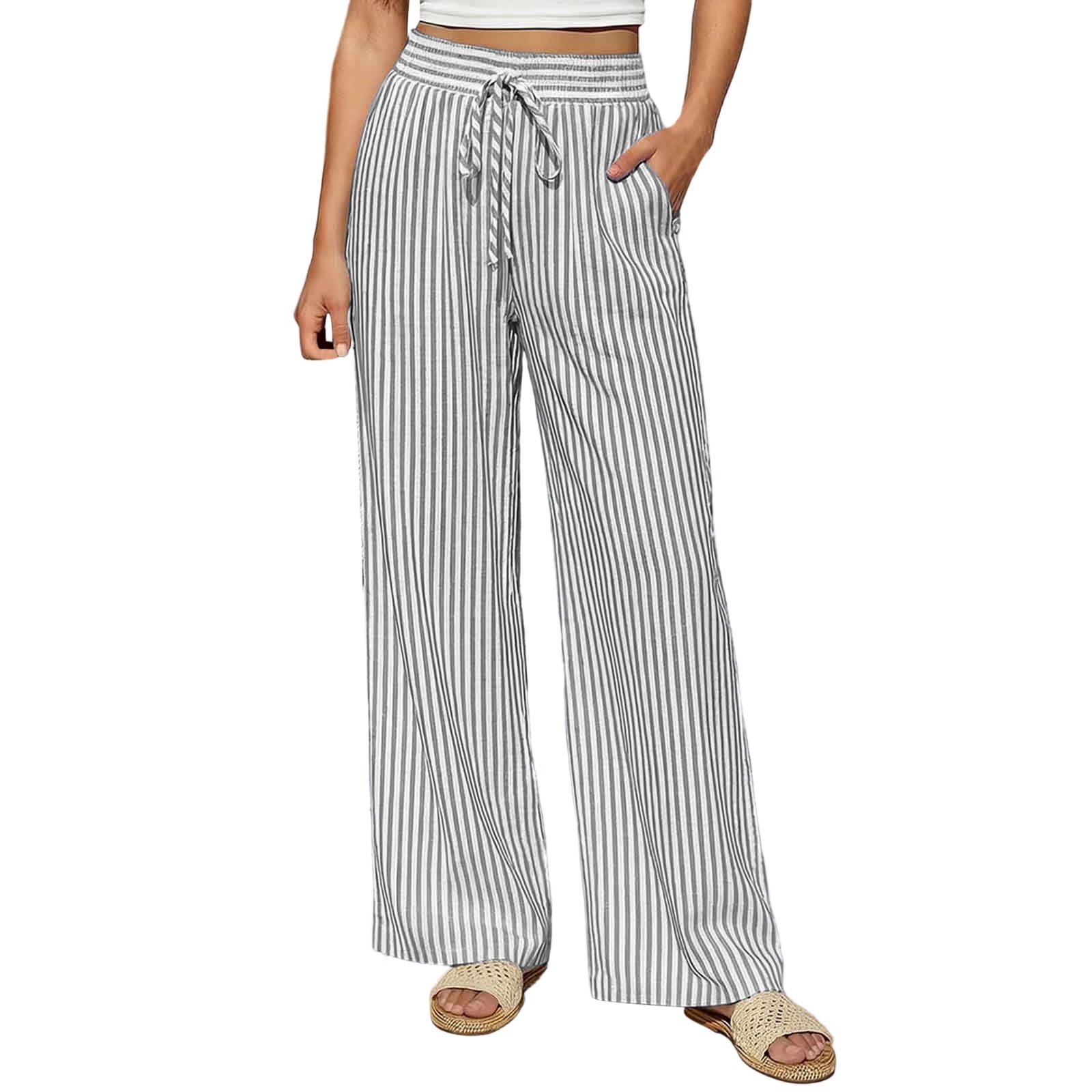 Women's Striped Pants Drawstring Elastic Waist Wide Leg Baggy Long