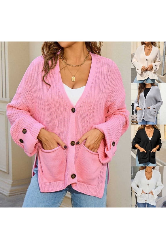 Women's Striped Patchwork Button Cardigan Sweater Top Long Sleeve Loose Fit Casual Solid Color Pocket Knit Pullover Warm Fall Fashion Gift | CSEONE,Pink L