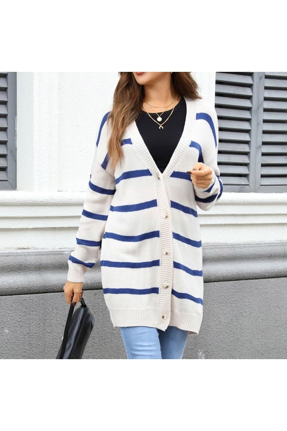 Women's Striped Patchwork Cardigan with Button Front and Pockets, Casual Acrylic Sweater Top for Daily Wear in Spring, Summer, and Fall Seasons