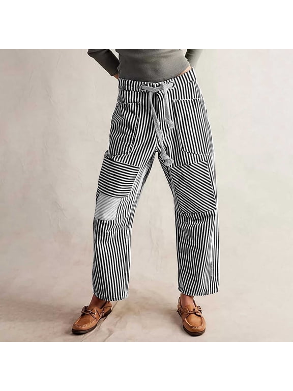 Women's Striped Patchwork Jeans, Wide Leg Drawstring Waist Pants with Pockets, Casual and Lightweight for Daily Wear, Street Style, and Comfort-Black