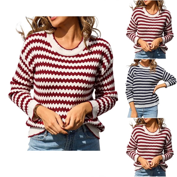 Women's Striped Patchwork Knitted Sweater Top Long Sleeve Crewneck Casual Loose Fit Solid Color Soft Knit for Daily Wear Work Office Vacation Fashion Essential Gift for Ladies