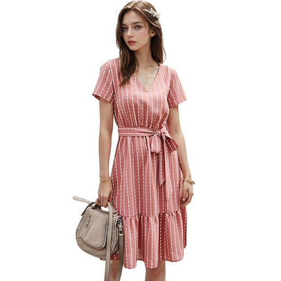 Women's Striped Pattern Short Sleeve Belted V-Neck Tunic Dress - Large, Pink