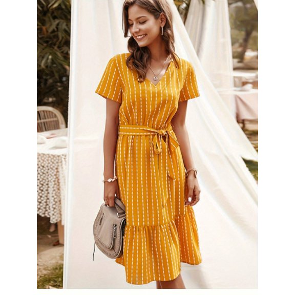 Women's Striped Pattern Short Sleeve Belted V-Neck Tunic Dress - Small, Yellow