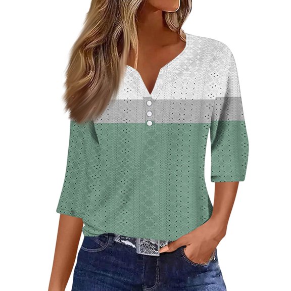 Women's Striped Plaid Print V-Neck 3/4 Sleeve T-Shirt with Button Detail, Trendy Casual Top for College Campuses or Weekend Adventures,Green XL