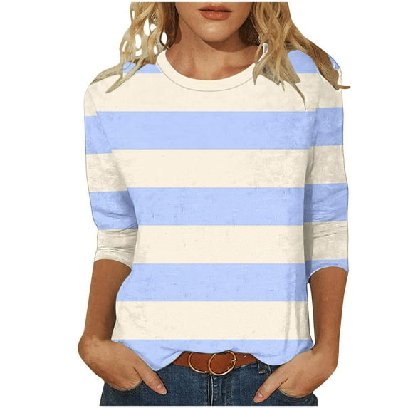 Women's Striped Plus Size Tshirts 3/4 Sleeve Colorblock Trendy Tops Casual Tees for Fall Spring Summer (3XL, Yellow)
