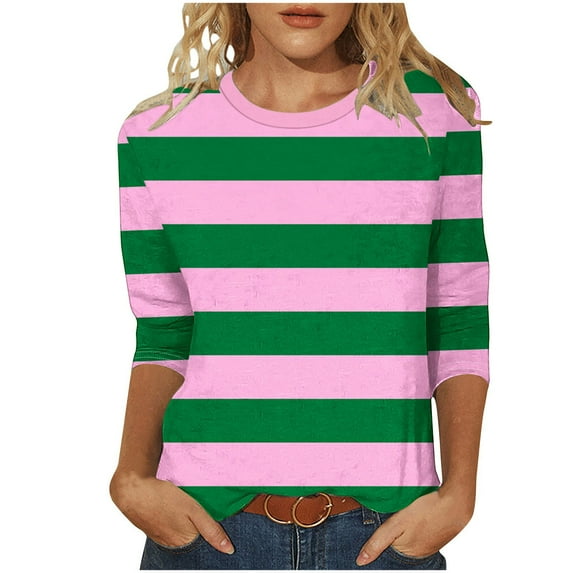 Women's Striped Plus Size Tshirts 3/4 Sleeve Colorblock Trendy Tops Casual Tees for Fall Spring Summer (M, Pink)