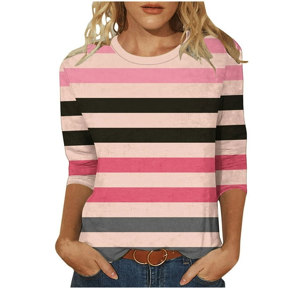 Women's Striped Plus Size Tshirts 3/4 Sleeve Colorblock Trendy Tops Casual Tees for Fall Spring Summer (XL, Pink 01)