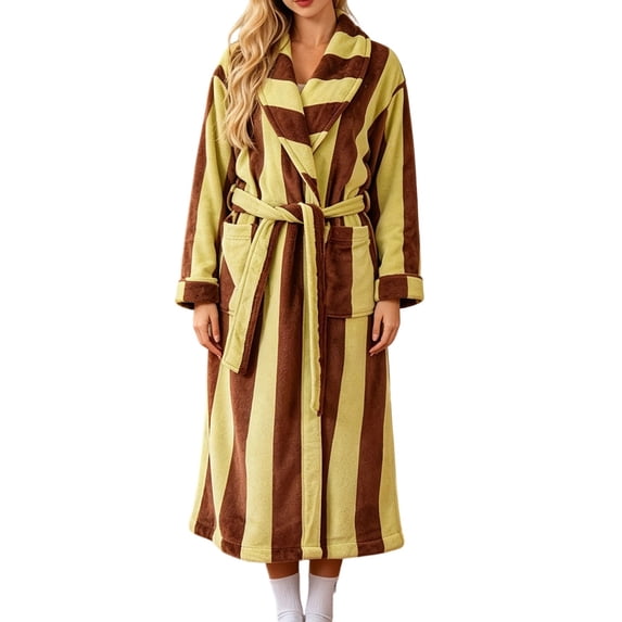 Women's Striped Plush Fleece Bathrobe - Thick Long Length Shawl Collar Robe with Belt and Pockets, Absorbent Cozy Lounge Wear for Winter