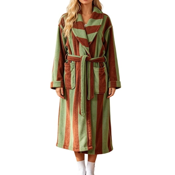Women's Striped Plush Robe - Colorblock Soft Fluffy Bathrobe, Shower Warm Winter Loungewear
