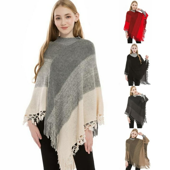 Women's Striped Poncho With Tassels Knitted Fringed Shawl Wrap Pullover Cape