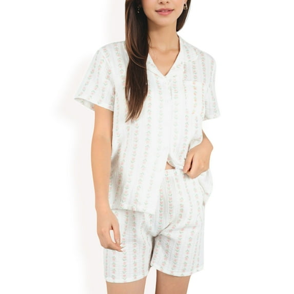 Women's Striped Print 2-Piece Pajama Set with Short Sleeve Button-Up Top and Relaxed Fit Shorts - Large, White