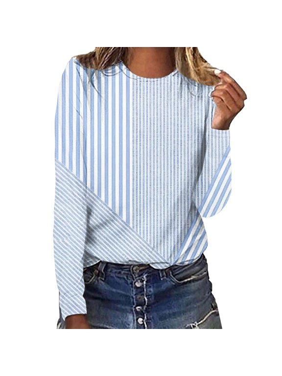 Women's Striped Print Crew Neck Long Sleeve Loose Pullover T Shirt, Casual Relaxed Blouse for Everyday Wear, Home Comfort, or Relaxing Weekends Blue S