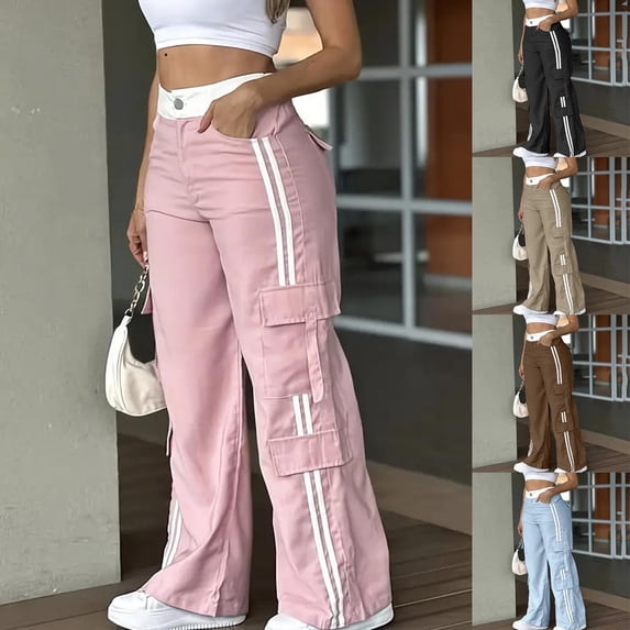 Women's Striped Print Elastic Waist Long Pants With Pockets, Soft Polyester Casual Straight Leg Trousers, Pull On Wide Leg Pants with Side Pockets, Comfortable Mid | TruBelle,Sky Blue S