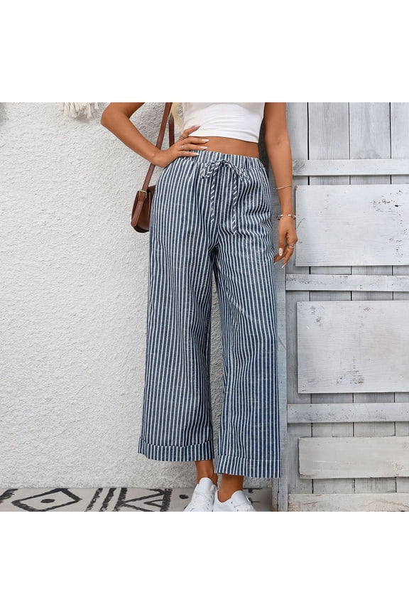 Women's Striped Print Elastic Waist Long Pants Trousers Slacks Casual Lounge Wear Soft Stretchy Flowy Wide Leg Bottoms for Daily Office Travel Essentials | Aestivo,Navy L