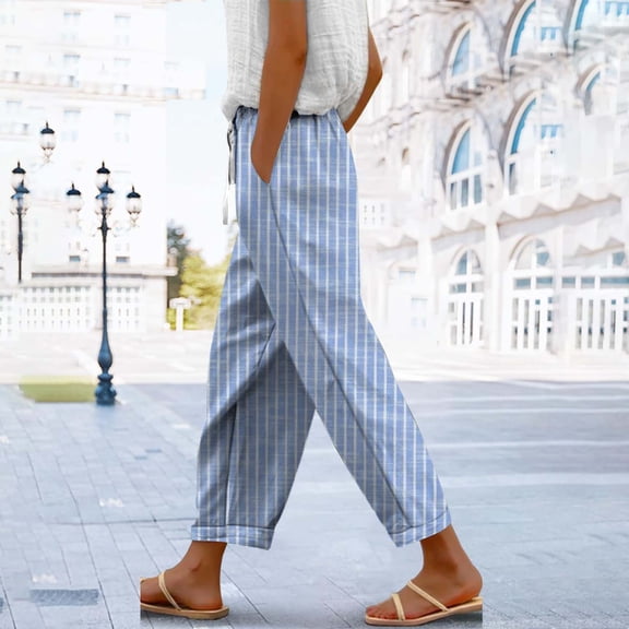 Women's Striped Print Linen Drawstring Pants - Lightweight Straight Leg Trousers with Pockets, Elastic Waist Breathable Casual Everyday Wear Light Blue S-5XL
