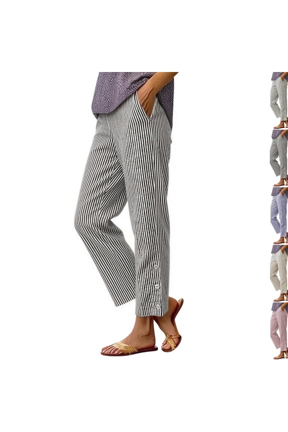 Women's Striped Print Pants Button-Down Slit Pants High Waisted Straight Leg Stripe Trousers Drawstring Lightweight Pant Black XXL