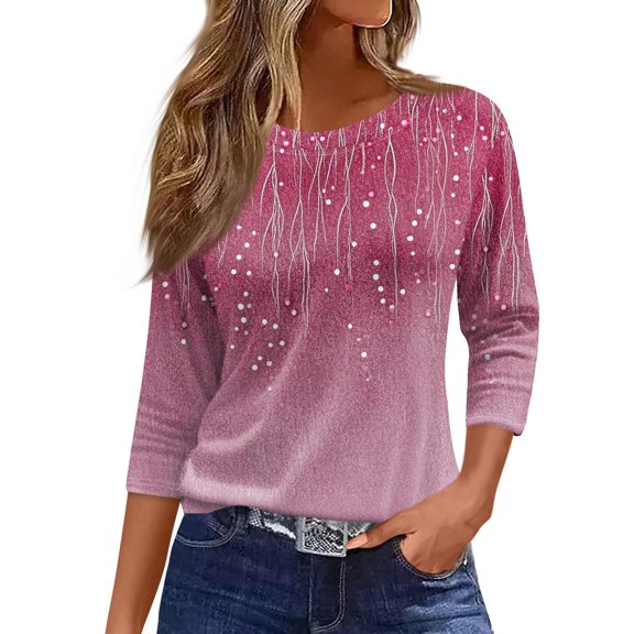 Women's Striped Print Round Neck 3/4 Sleeve Loose Fit T-Shirt, Summer Casual Top with Breathable Fabric for Pool Parties or Park Walks,Hot Pink 3XL