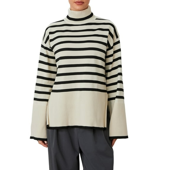 Women's Striped Print Sweaters Long Sleeve Turtleneck Side Split Pullovers Casual Knit Tops