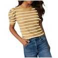 thumbnail image 1 of Women's Striped Print Tops Trendy Short Puff Sleeve Crewneck Color Block T Shirts Casual Summer Slim Fit Blouses, 1 of 5