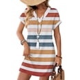 thumbnail image 1 of Women's Striped Print V-Neck Short Sleeve Casual Dress with Pocket, Pullover Summer Dress, Comfortable Loose Fit, Fashionable Ladies Daily Wear,Yellow,S, 1 of 8