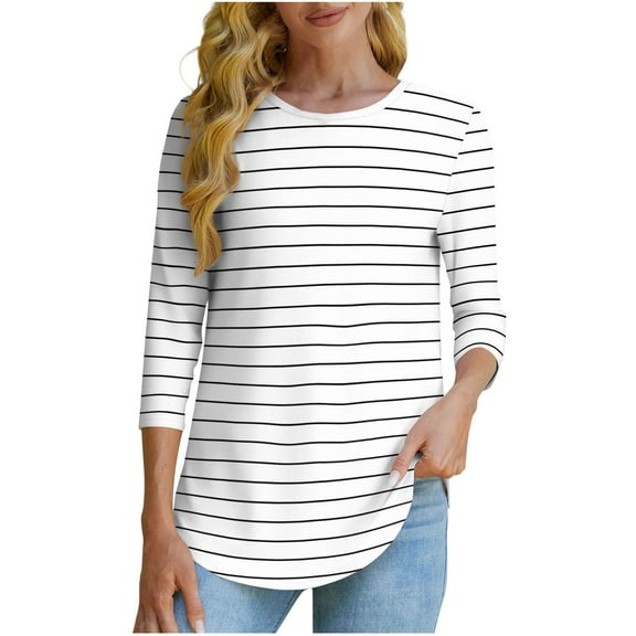 Women's Striped Printed Short-Sleeved Shirts, Round-Neck Loose Pullover Tops, Fall Fashion Outfits