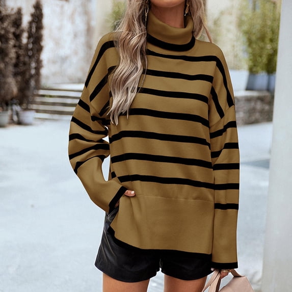 Women's Striped Pullover Sweater Turtleneck Side Slit Knitted Long Sleeve Loose Fit
