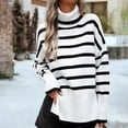 thumbnail image 1 of Women's Striped Pullover Sweater Turtleneck Side Slit Knitted Long Sleeve Loose Fit, 1 of 7