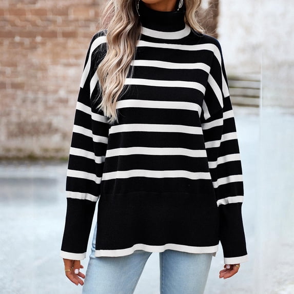 Women's Striped Pullover Sweater Turtleneck Side Slit Knitted Long Sleeve Loose Fit