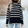 thumbnail image 1 of Women's Striped Pullover Sweater Turtleneck Side Slit Knitted Long Sleeve Loose Fit, 1 of 8