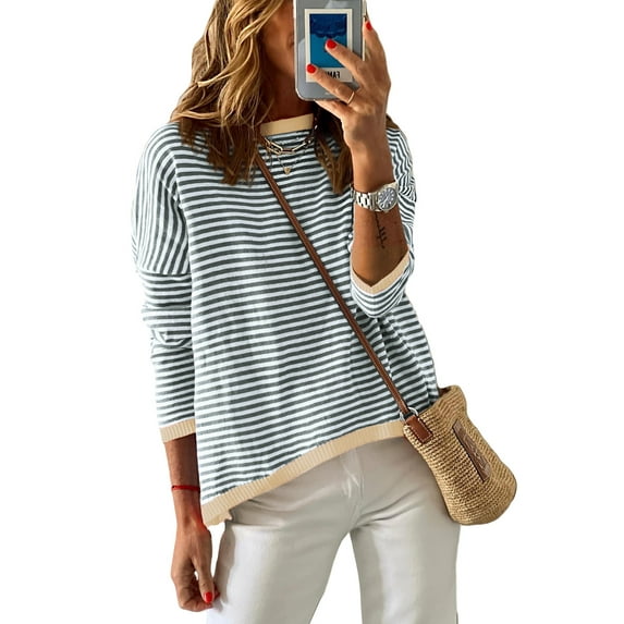 Women's Striped Pullover Sweater Winter Warm Knitted Top Casual Color Block Long Sleeve Crewneck Striped Sweaters Cotton Slim Fit Knit Pullover Tops Fall Winter
