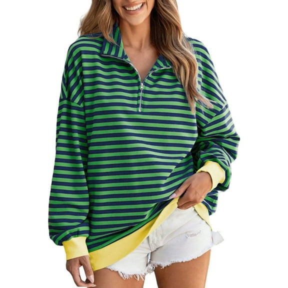Women's Striped Quarter Zip Sweatshirts Turtleneck Long Sleeve Oversized Sweaters Pullover Fashion Fall Tops Outfit (2XL, Army Green)