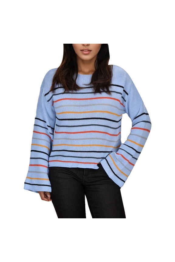 Women's Striped Rainbow Color Patchwork Sweater Loose Long Sleeve Knitted Pullover